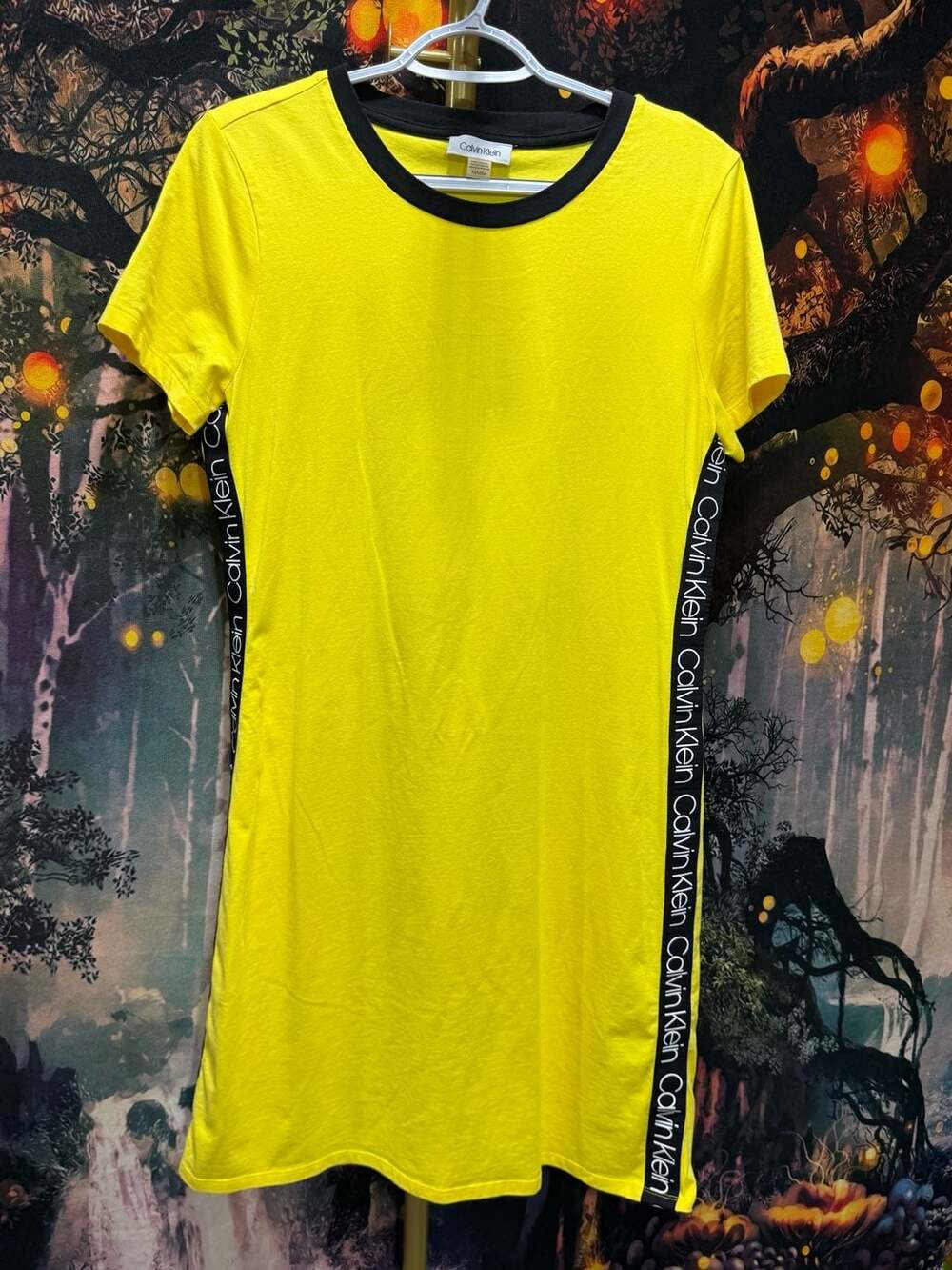 Calvin Klein T-Shirt Dress Size M Yellow Logo Tape Side Stripe